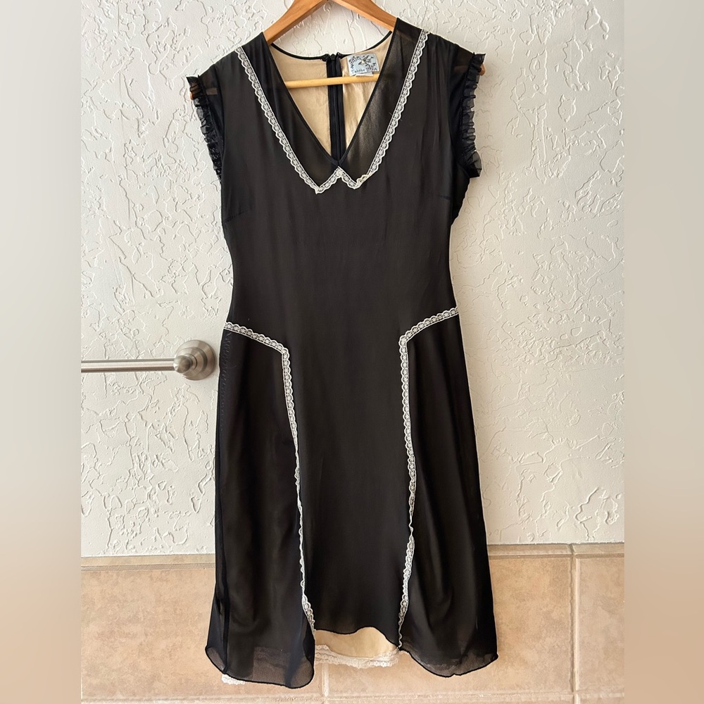 Tabitha 100% Silk Black Midi Dress with White Lace Trim